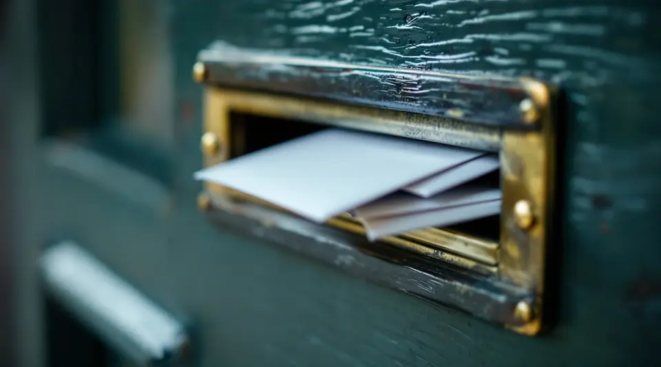 Een koperen brievenbus in een groene voordeur met een paar witte enveloppen erin