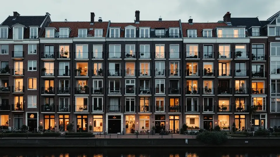 De gevel van een groot appartementengebouw aan het water bij schemering, met verlichte en donkere ramen