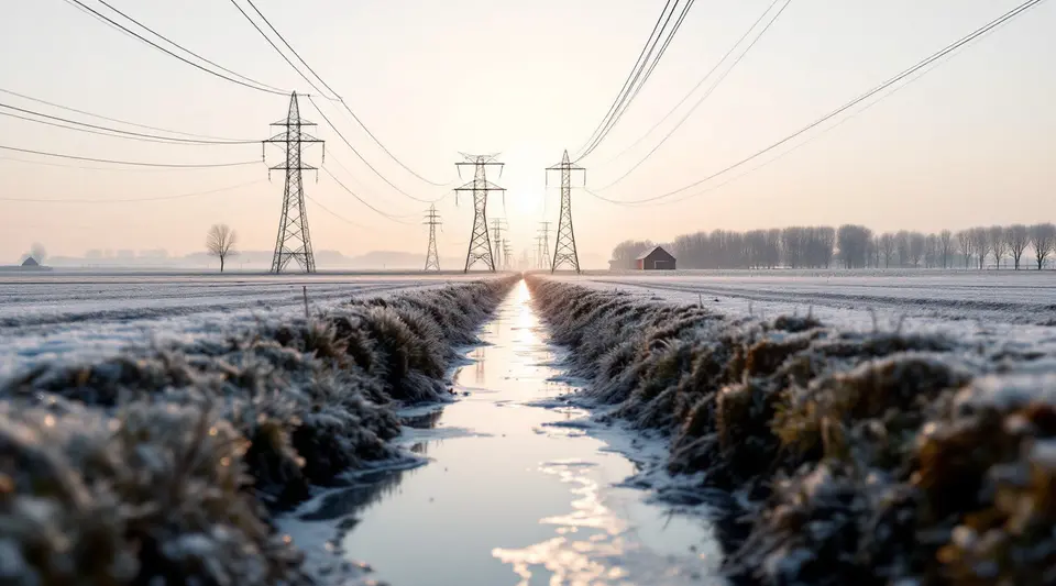 Hoogspanningsmasten boven een berijpte polder op een wintermorgen, met een sloot in het midden