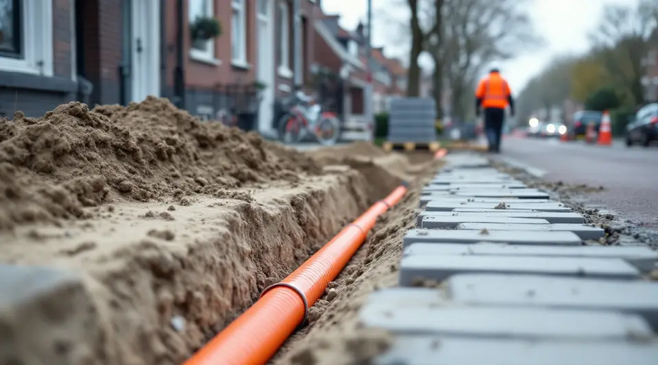 Een open sleuf in de stoep met een nieuwe oranje kabelbuis, opgestapelde stoeptegels en een werkman in de verte