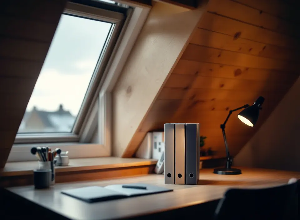 Een bureau op een zolder onder een schuin houten dak, met grijze ordners zonder etiket en een brandende bureaulamp