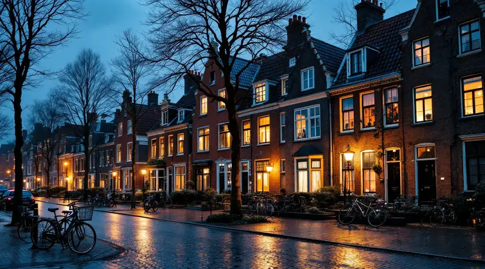 Een straat met bakstenen rijtjeshuizen uit de jaren dertig op een winteravond, achter bijna alle ramen brandt licht